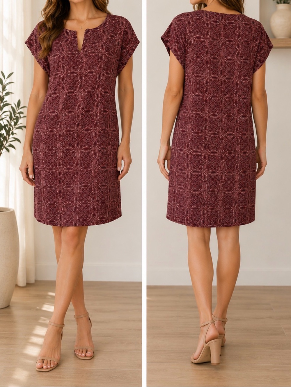 Burgundy Patterned Shift Dress
